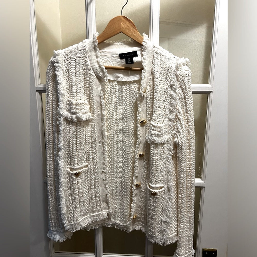 Tahari white with gold button dress coat